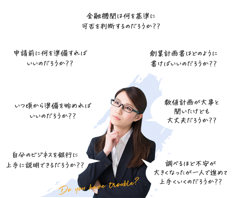 申請前に何を準備すればいいのだろうか?? 金融機関は何を基準に可否を判断するのだろうか?? 創業計画書はどのように書けばいいのだろうか?? いつ頃から準備を始めればいいのだろうか?? 数値計画が大事と聞いたけども大丈夫だろうか?? 自分のビジネスを銀行に上手に説明できるだろうか?? 調べるほど不安が大きくなったが一人で進めて上手くいくのだろうか??
